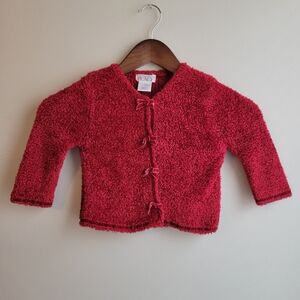 Baby Girls Children's Place Holiday Ruby Red Fuzzy Velvet Bow Snap Cardigan, 12M